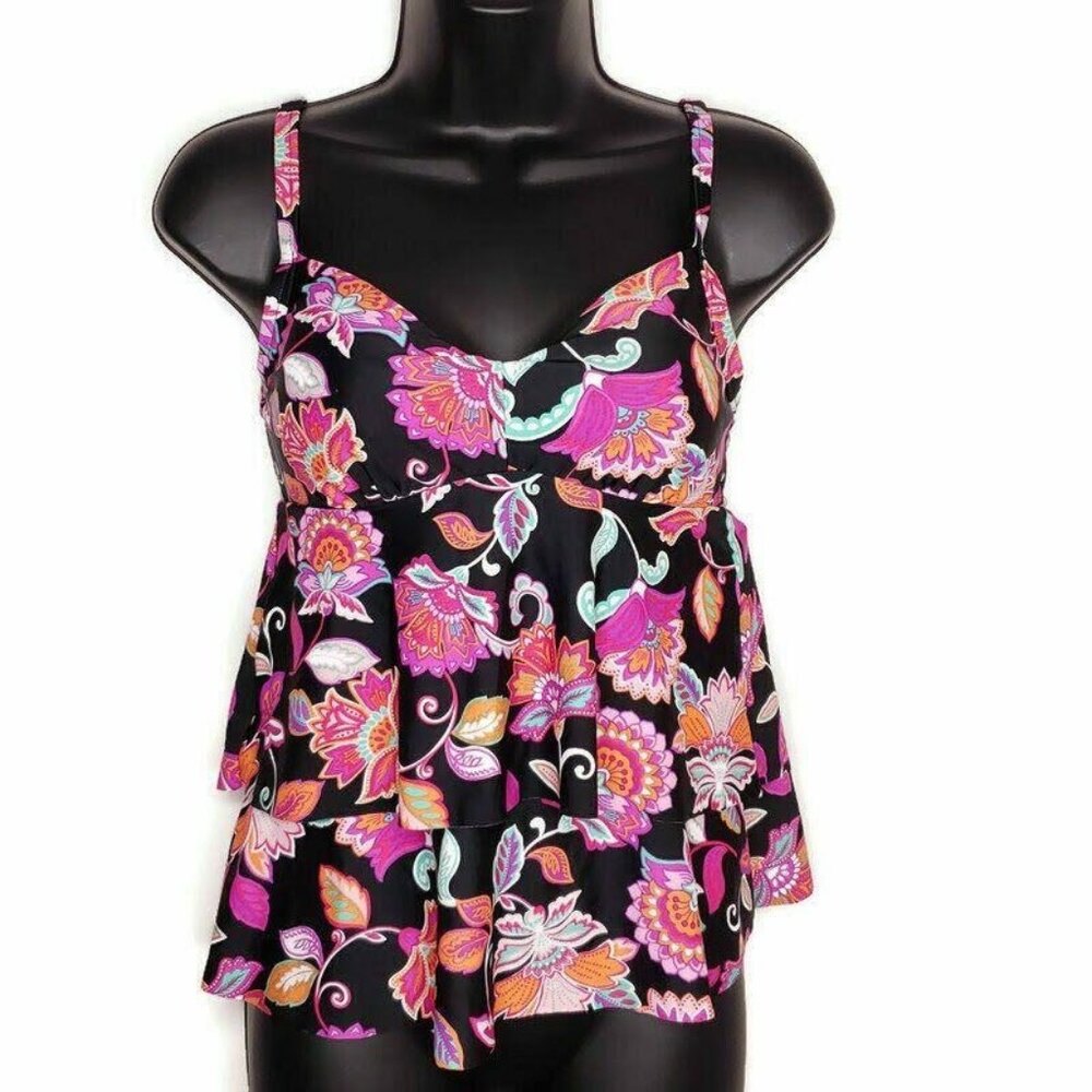 Sweet Escape Women's Swim Top 8 Black Pink Floral Full Coverage Ruffles